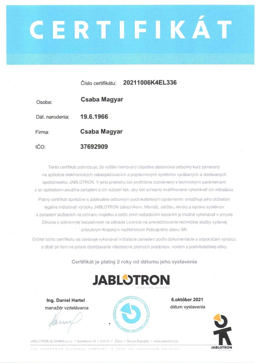 Certifikát JABLOTRON 2021